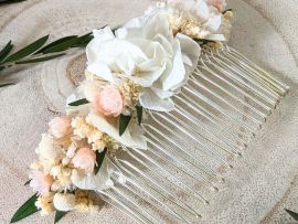 Peigne à cheveux fleuri pour coiffure de mariage en fleurs séchées & stabilisées blanches & roses Rafaela par Flora Paris
