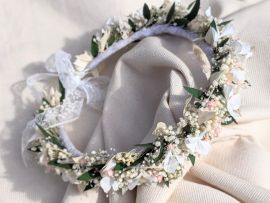 Couronne de cheveux de fleurs stabilisées & séchées blanches & roses Rafaela par Flora Paris