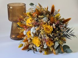 Bouquet bohème en fleurs stabilisées jaunes et oranges Lana par Flora Paris