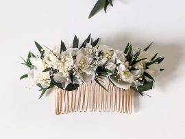 Peigne à cheveux fleuri pour coiffure de mariage en fleurs stabilisées Frida par Flora Paris