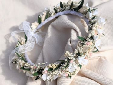 Couronne de cheveux de fleurs stabilisées & séchées blanches & roses Rafaela par Flora Paris