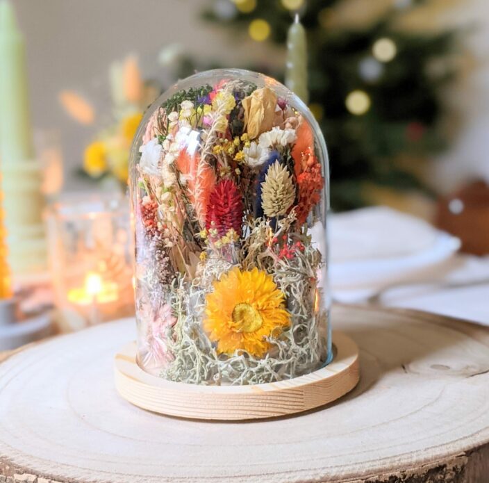 Cloche en verre, fleurs séchées et stabilisées aux couleurs de l’arc-en-ciel, Flora