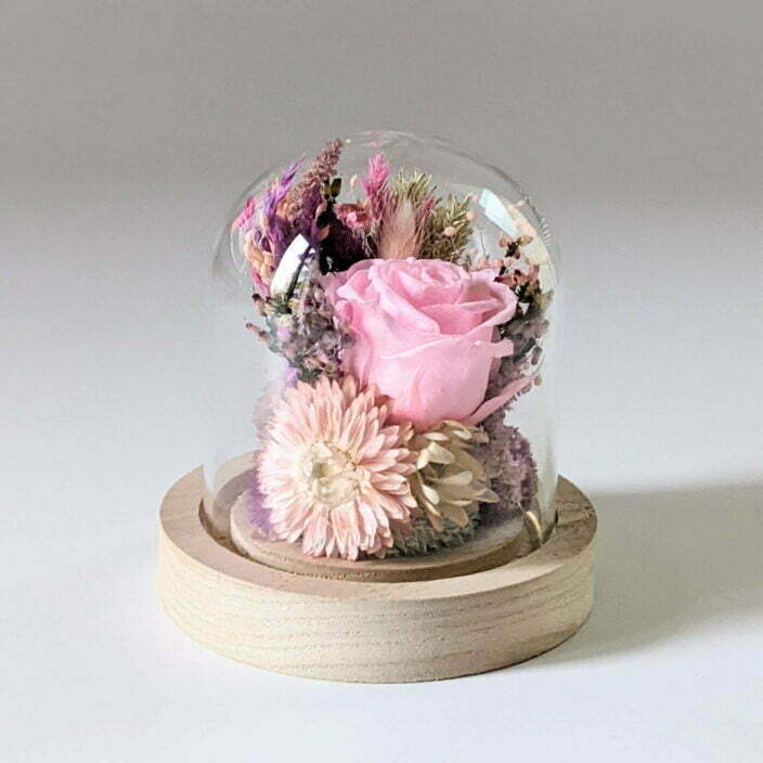 Cloche en verre et fleurs séchées pour décoration d’intérieur, Pink Purple 2