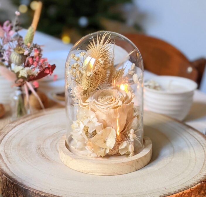 Cloche en verre et fleurs éternelles pour décoration d’intérieur, Véga