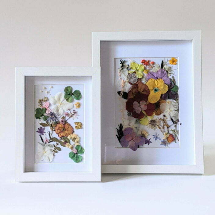 Cadre vitrine en bois blanc arrangement de fleurs stabilisées et fleurs séchées, Biarritz