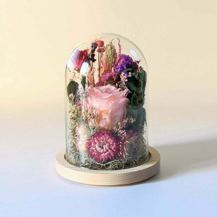 Cloche en verre et fleurs éternelles pour une décoration d’intérieur chic et douce, Lyla 4