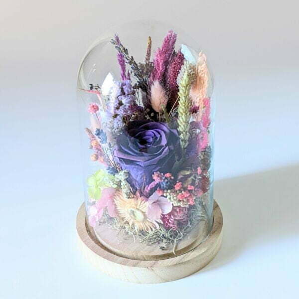 Cloche en verre avec fleurs éternelles et fleurs séchées pour décoration d’intérieur, Édith 4