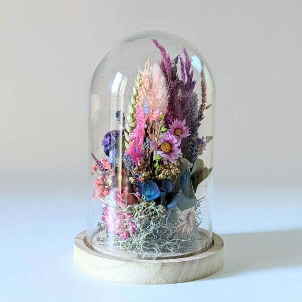 Cloche en verre avec fleurs éternelles et fleurs séchées pour décoration d’intérieur, Édith 2
