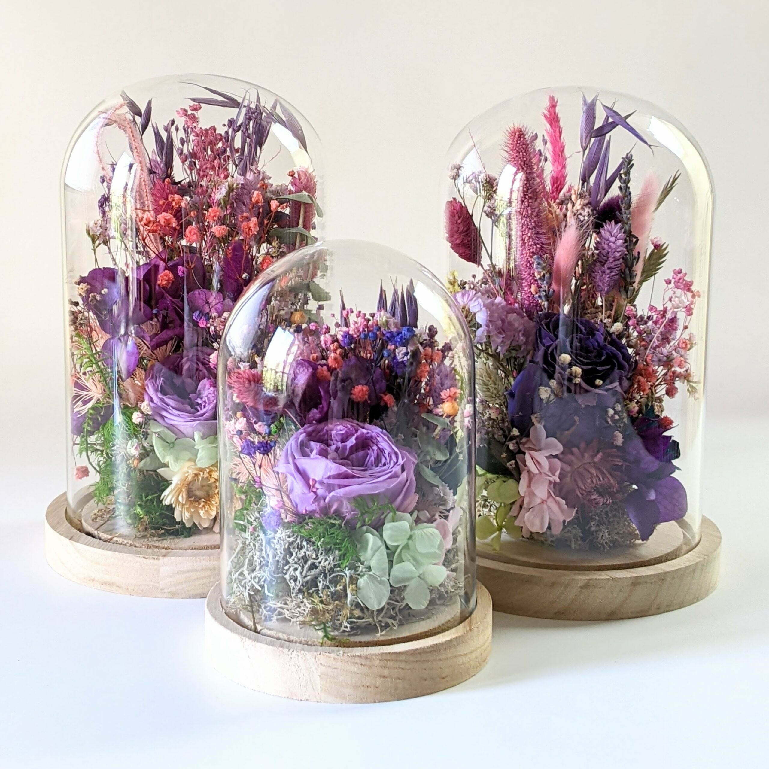 Cloche en verre sur fleurs sechées ecru/brun verre bois large - J-Line