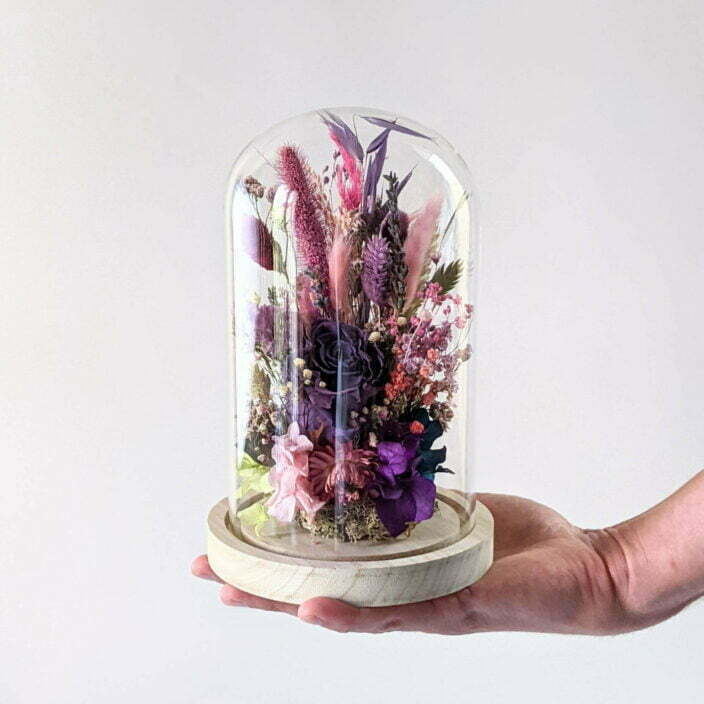 Cloche en verre avec fleurs éternelles et fleurs séchées pour décoration d’intérieur, Édith 2