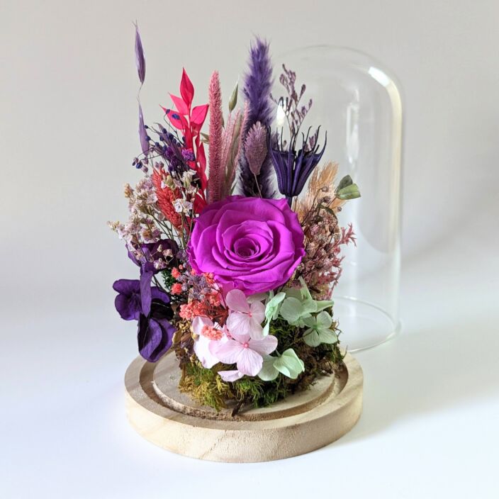 Cloche en verre avec fleurs éternelles et fleurs séchées pour décoration d’intérieur, Édith 4