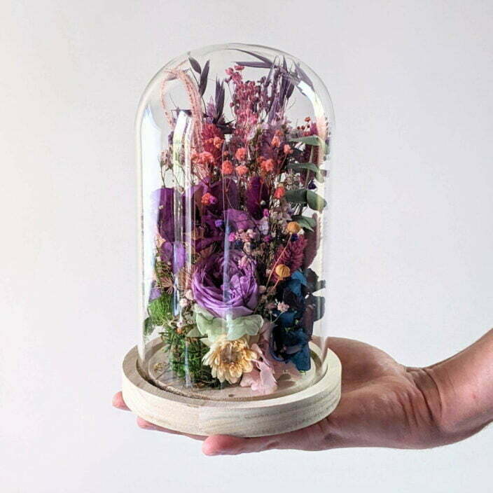 Cloche en verre avec fleurs éternelles et fleurs séchées pour décoration d’intérieur, Édith 3