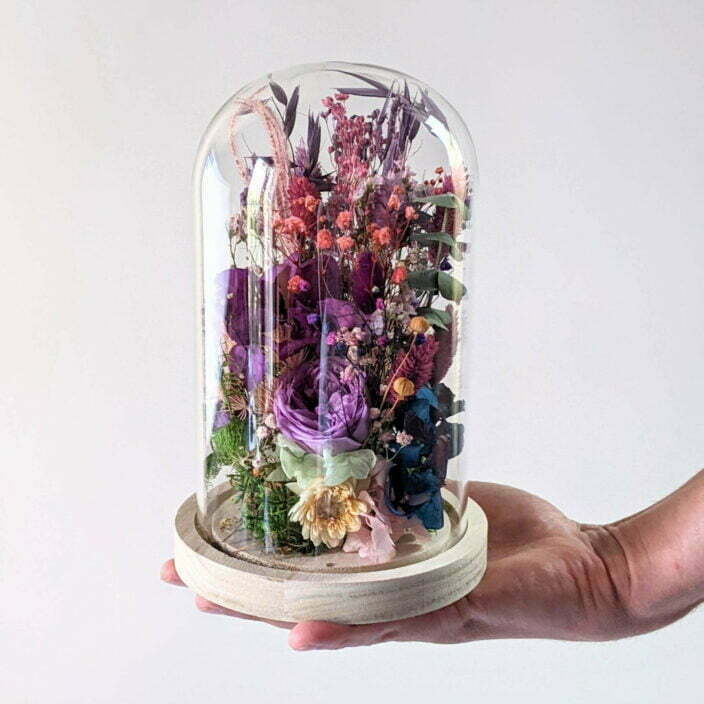 Cloche en verre avec fleurs éternelles et fleurs séchées pour décoration d’intérieur, Édith 2