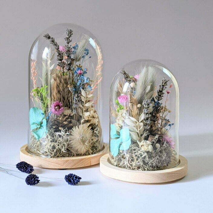 Cloche en verre avec fleurs séchées & fleurs préservées pour décoration d’intérieur peps, Ella