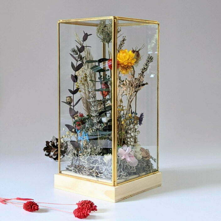 Cloche en verre avec fleurs séchées et préservées pour décoration d’intérieur ensoleillée, Paula 2