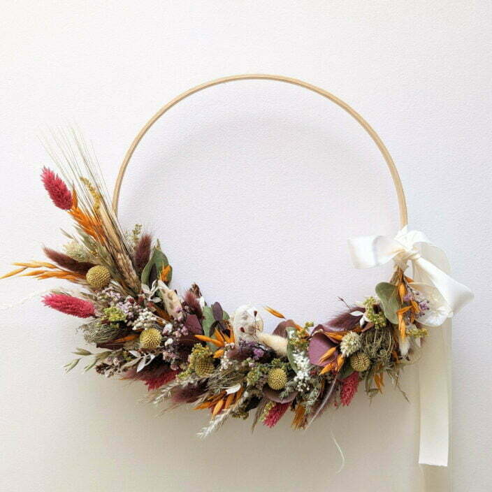 Couronne murale de fleurs séchées & fleurs stabilisées, couleurs café au lait, Jade