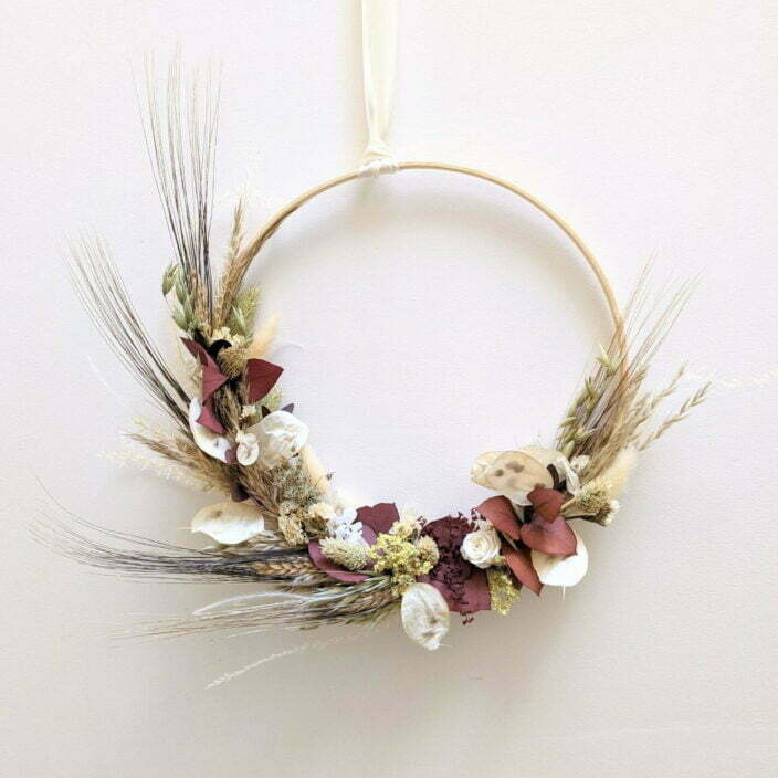 Couronne murale de fleurs séchées & fleurs stabilisées, couleurs café au lait, Jade 2