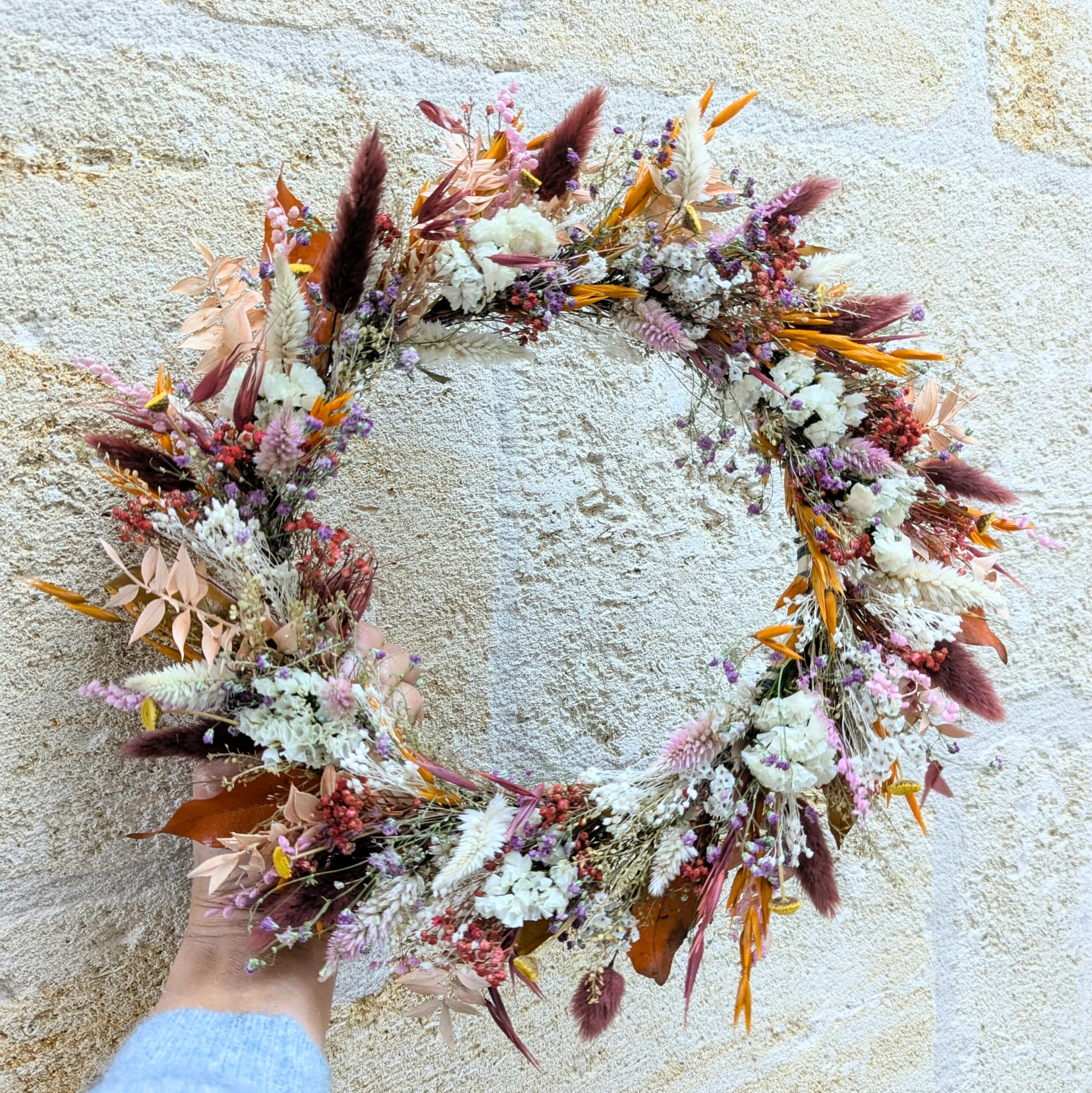 Couronne murale de fleurs naturelles séchées couleurs automnales, Jade – Image 3