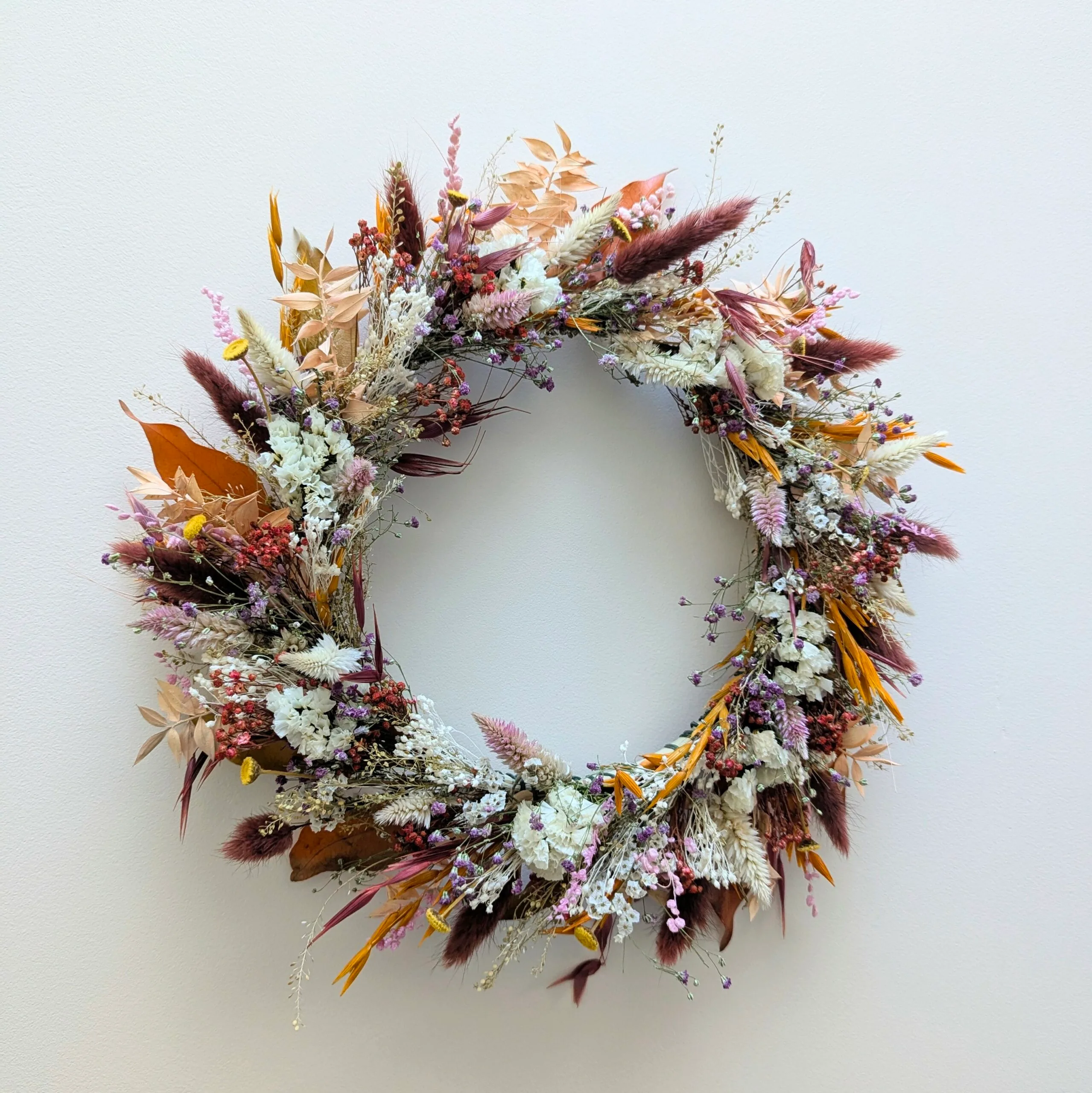 Couronne murale de fleurs naturelles séchées couleurs automnales, Jade