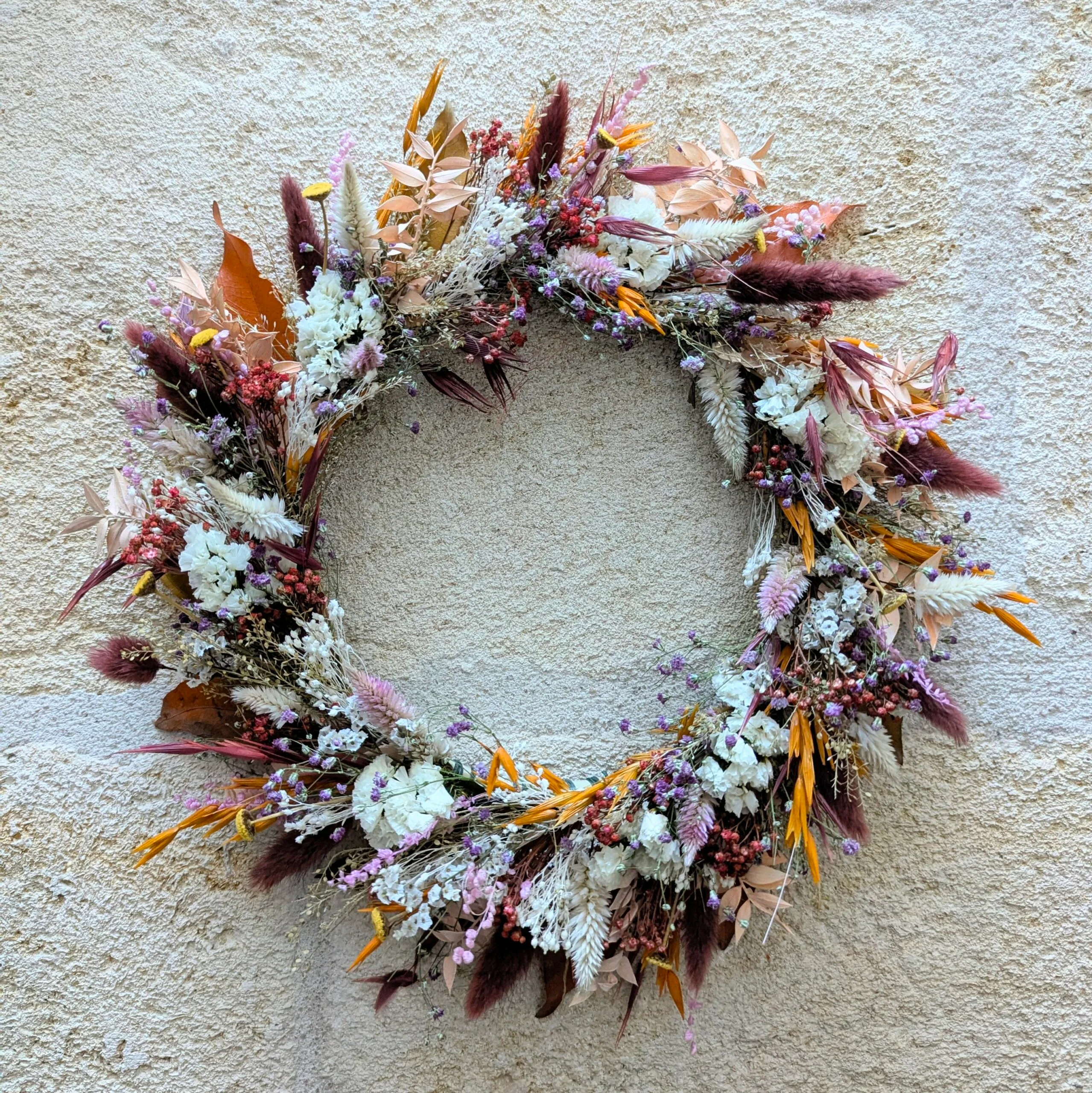 Couronne murale de fleurs naturelles séchées couleurs automnales, Jade – Image 2