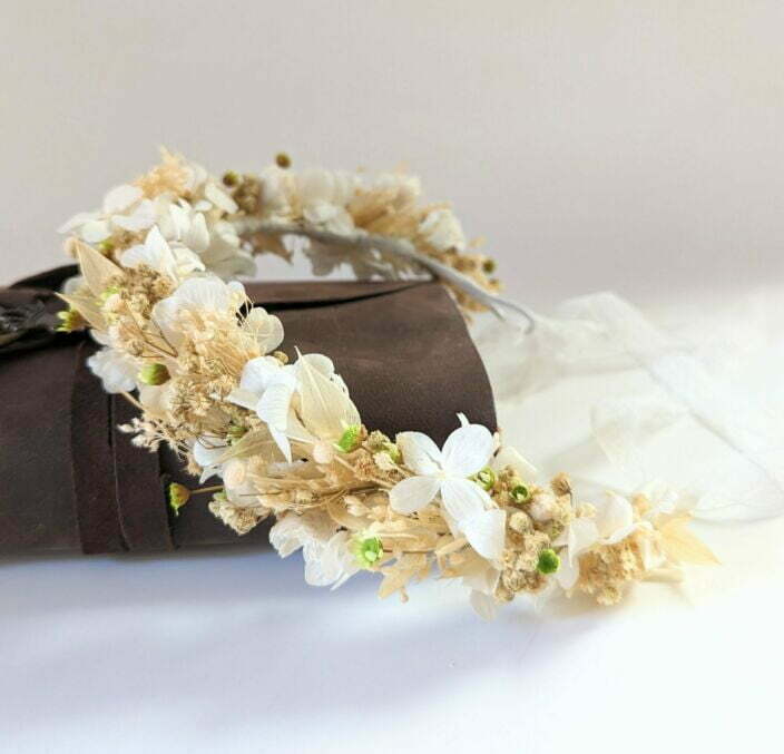 Couronne de cheveux pour coiffure de mariage en fleurs séchées & fleurs stabilisées, Marmara