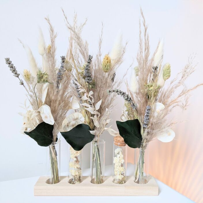 Ensemble de mini bouquets de fleurs séchées & fleurs stabilisées avec fioles en verre, Altesse