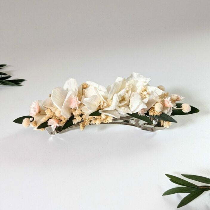 Barrette à cheveux fleurie pour coiffure de mariage en fleurs séchées & stabilisées blanches & roses, Rafaela 3