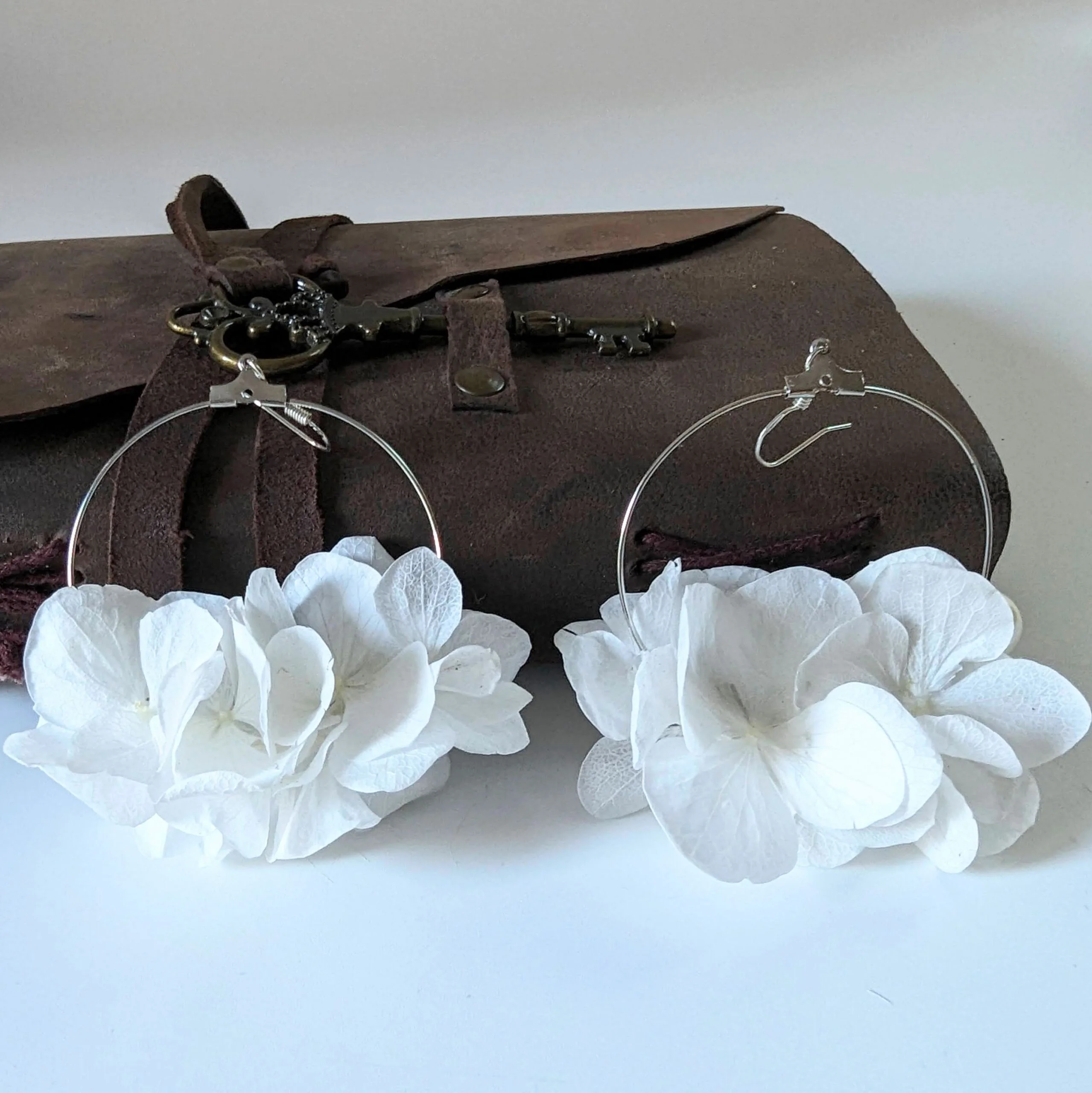 Boucles d’oreilles créoles en hortensias stabilisés blancs, Naëlle – Image 2