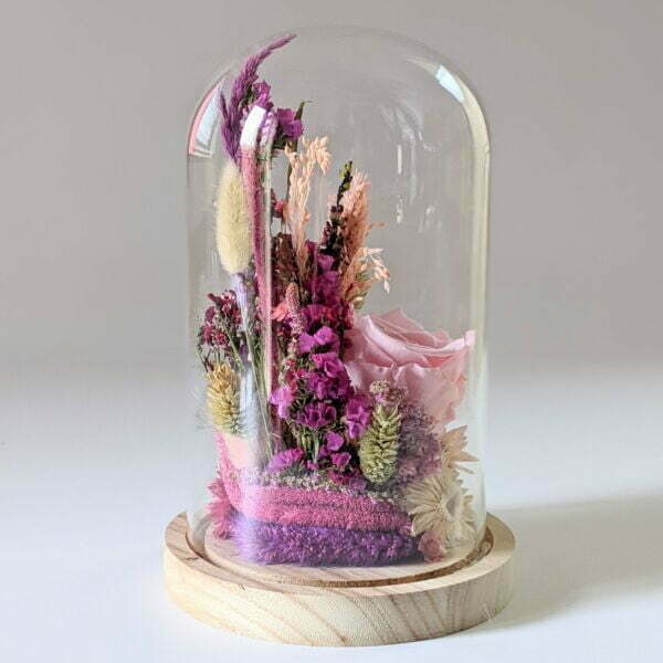 Cloche en verre et fleurs séchées pour décoration d’intérieur, Pink Purple 7