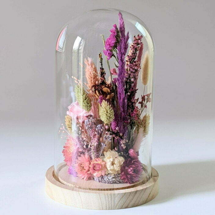 Cloche en verre et fleurs séchées pour décoration d’intérieur, Pink Purple 6