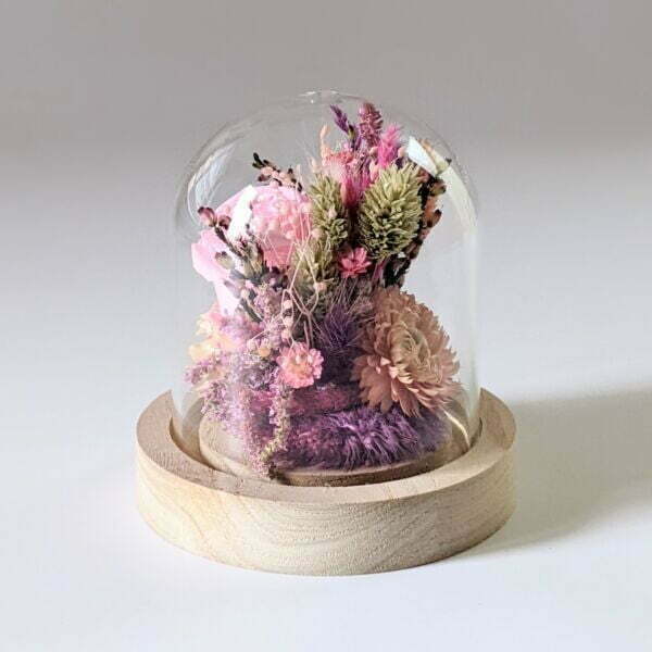 Cloche en verre et fleurs séchées pour décoration d’intérieur, Pink Purple 3