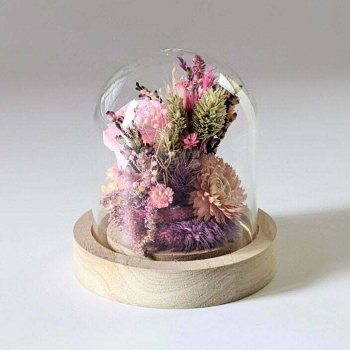 Cloche en verre et fleurs séchées pour décoration d’intérieur, Pink Purple 3