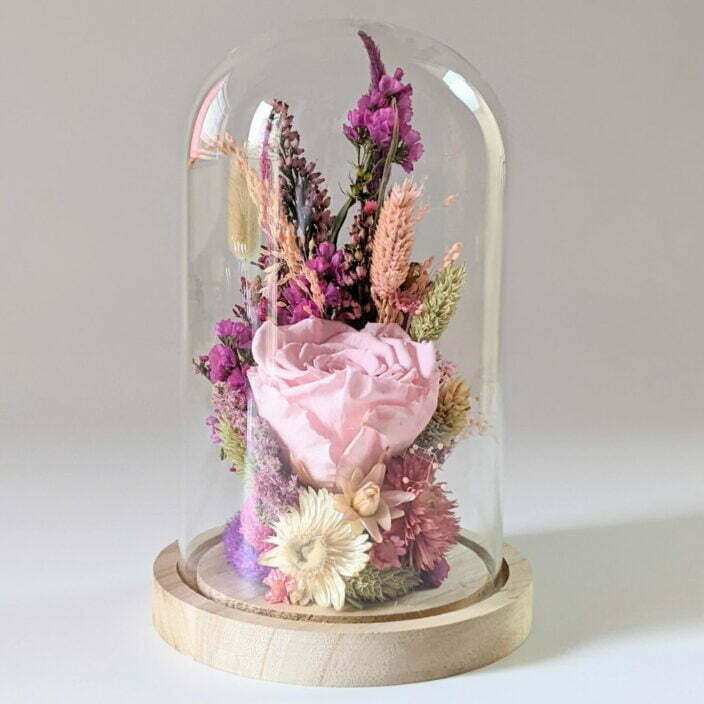 Cloche en verre et fleurs séchées pour décoration d’intérieur, Pink Purple 3