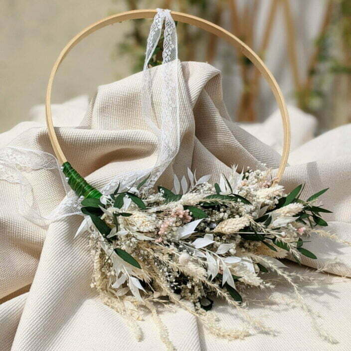 Couronne de mariée en fleurs séchées & stabilisées blanches & roses, Rafaela