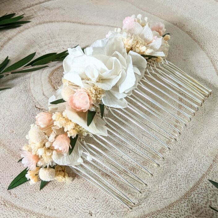 Peigne à cheveux fleuri pour coiffure de mariage en fleurs séchées & stabilisées blanches & roses, Rafaela