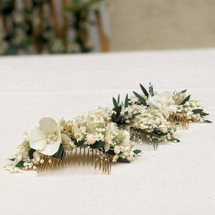 Peigne à cheveux fleuri pour coiffure de mariage en fleurs séchées & fleurs stabilisées, Inès