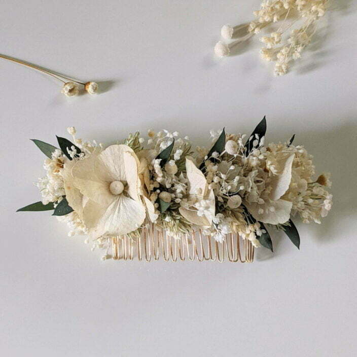 Peigne à cheveux fleuri pour coiffure de mariage en fleurs séchées & fleurs stabilisées, Inès