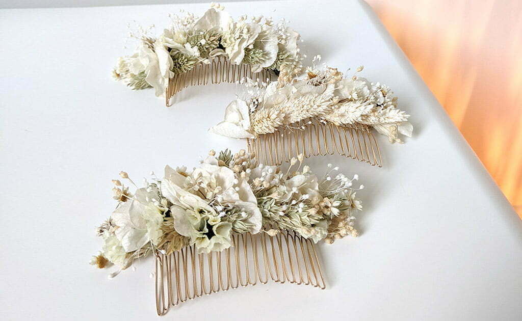 Peigne de mariée de fleurs stabilisées & fleurs séchées, Luna