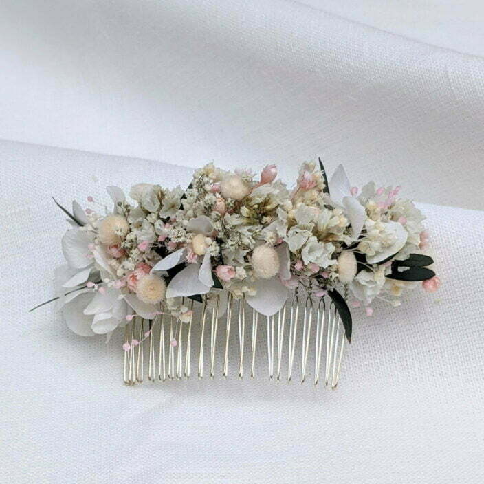 Peigne à cheveux fleuri pour coiffure de mariage en fleurs séchées & fleurs stabilisées, Rafaela