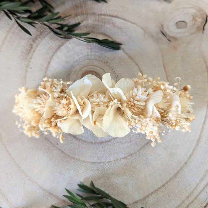 Barrette à cheveux fleurie pour coiffure de mariage en fleurs séchées & stabilisées beiges, Luna – Image 2