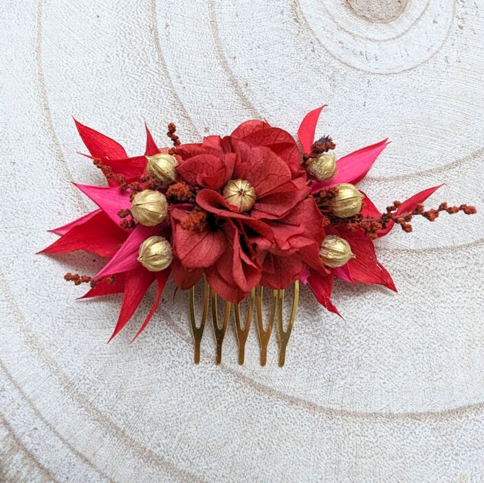 Peigne à cheveux fleuri pour coiffure de mariage en fleurs stabilisées aux couleurs vives, Joyce