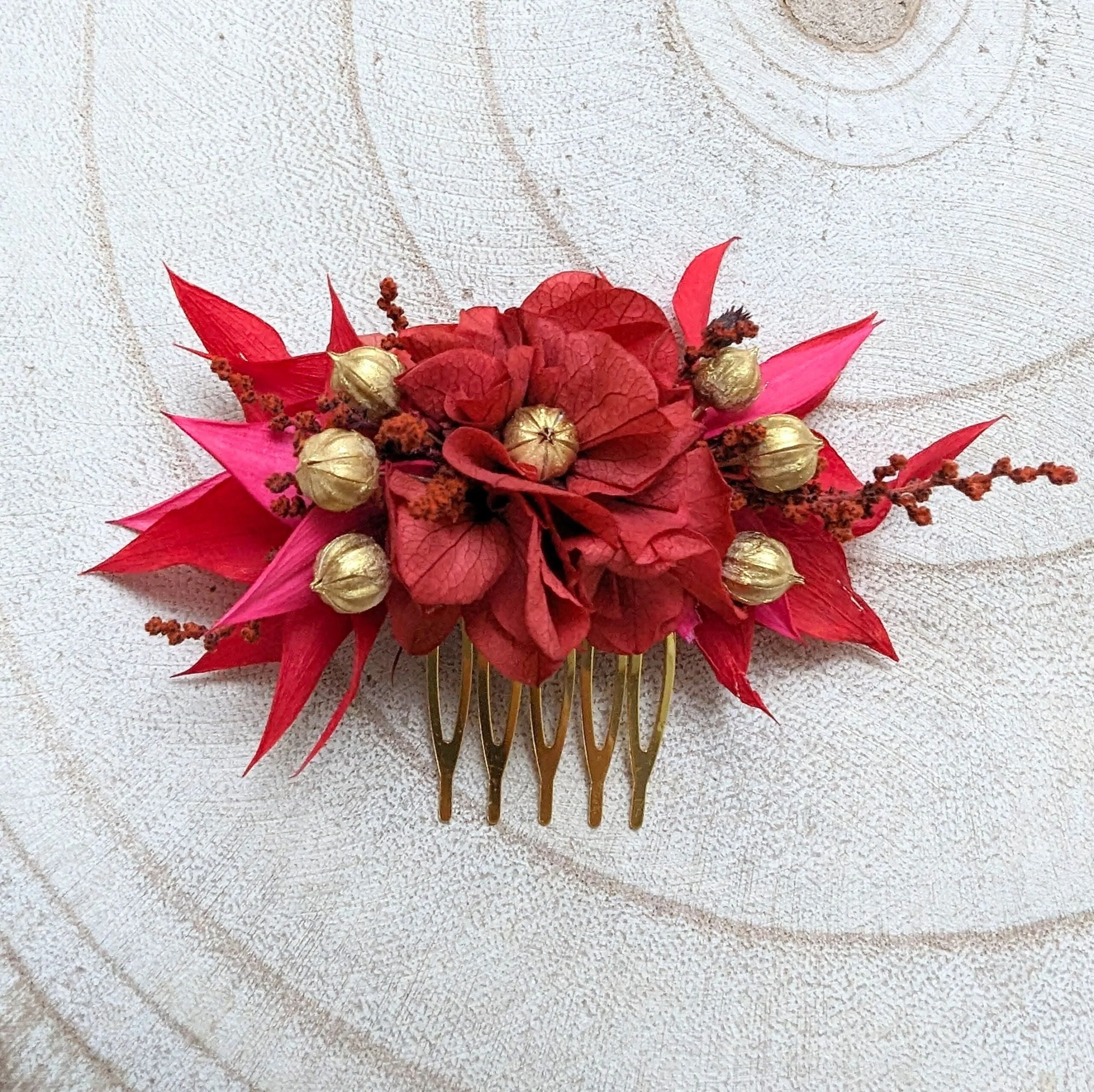 Peigne à cheveux fleuri pour coiffure de mariage en fleurs stabilisées aux couleurs vives, Joyce