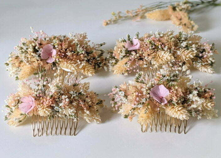Peigne à cheveux fleuri pour coiffure de mariage en fleurs séchées & fleurs stabilisées, Melocoton 5