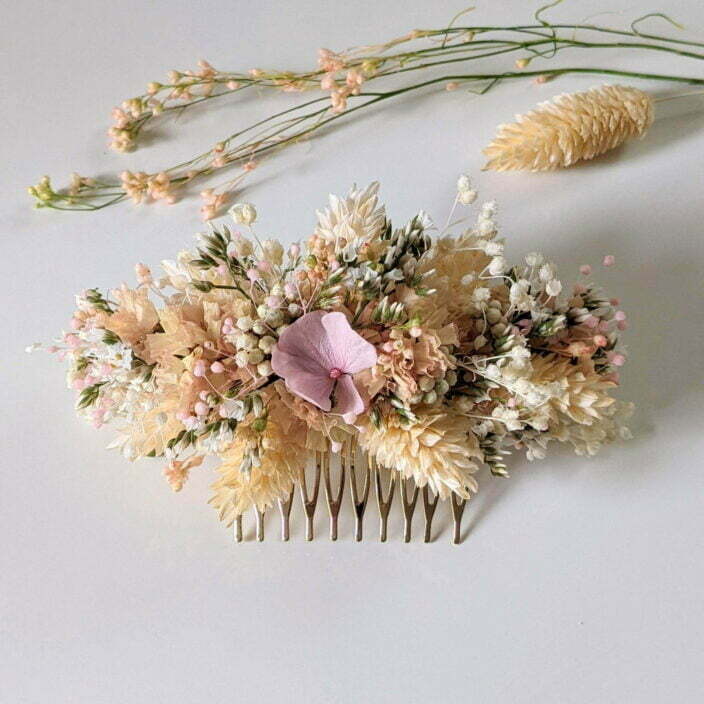 Peigne à cheveux fleuri pour coiffure de mariage en fleurs séchées & fleurs stabilisées, Melocoton 2