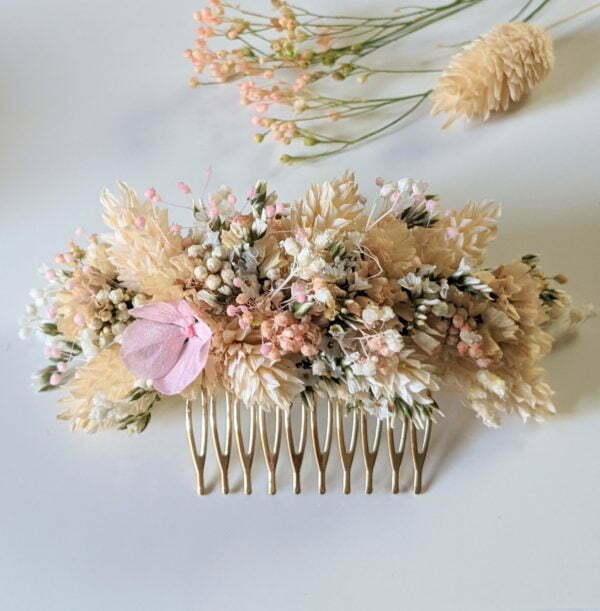 Peigne à cheveux fleuri pour coiffure de mariage en fleurs séchées & fleurs stabilisées, Melocoton