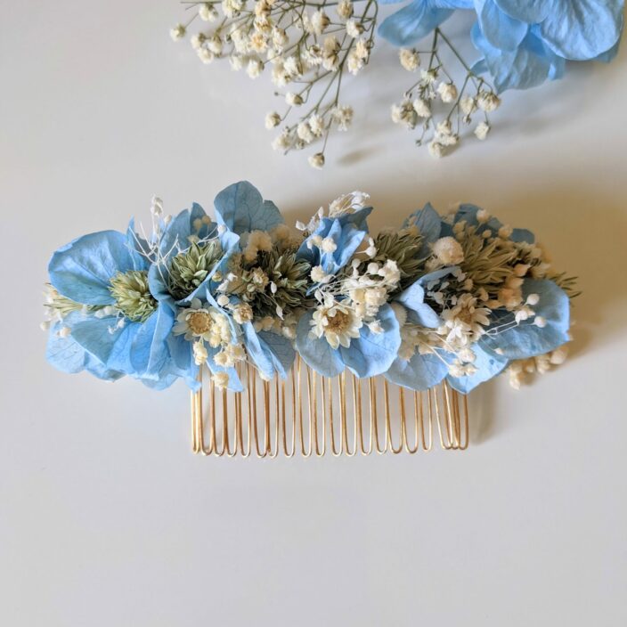 Peigne à cheveux fleuri pour coiffure de mariage en fleurs séchées & fleurs stabilisées, Castille 3