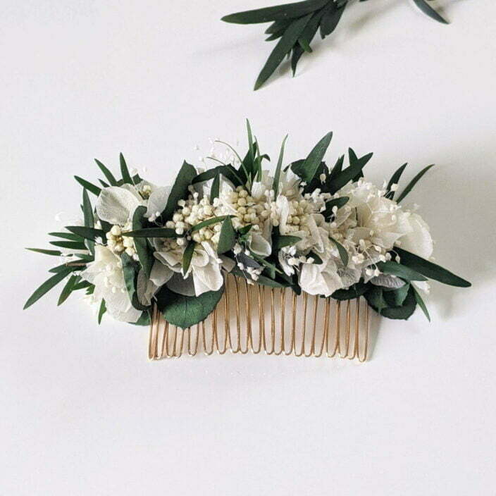 Peigne à cheveux fleuri pour coiffure de mariage en fleurs stabilisées, Frida 2