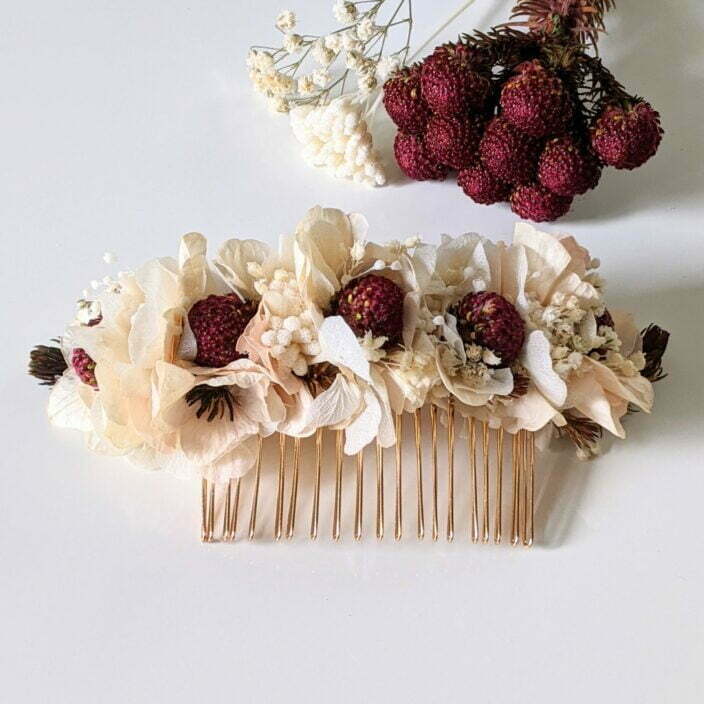 Peigne à cheveux fleuri pour coiffure de mariage en fleurs séchées & fleurs stabilisées, Jeannette