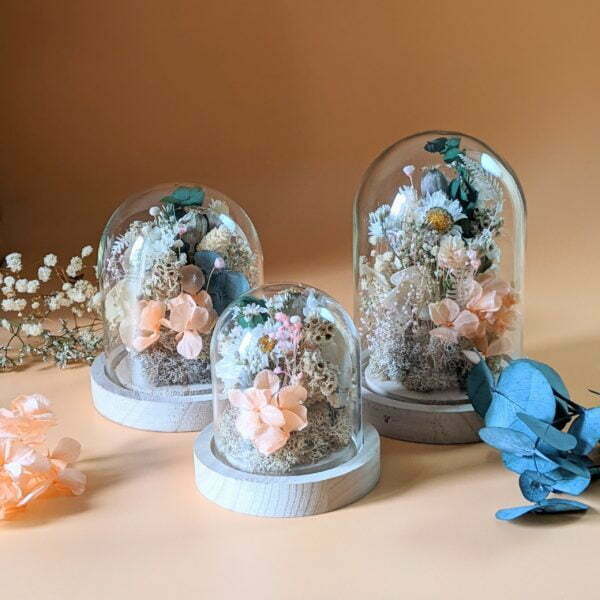 Cloche en verre avec fleurs séchées & fleurs éternelles pour décoration d’intérieur bohème, Lupita