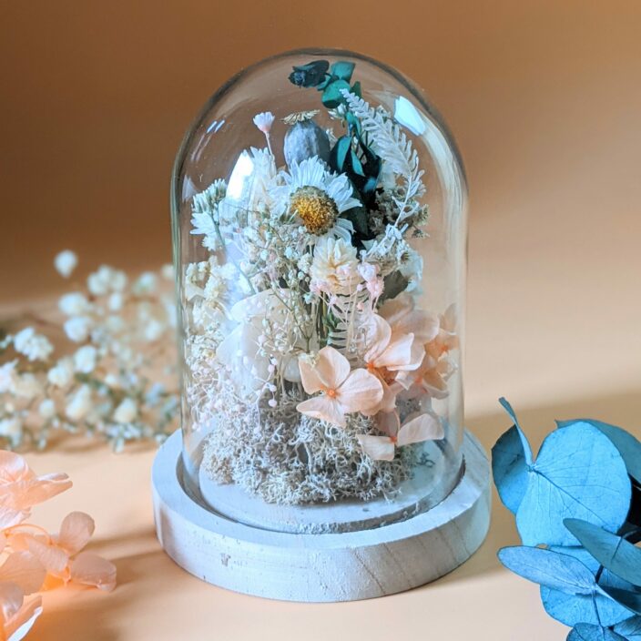 Cloche en verre avec fleurs séchées & fleurs éternelles pour décoration d’intérieur bohème, Lupita 2